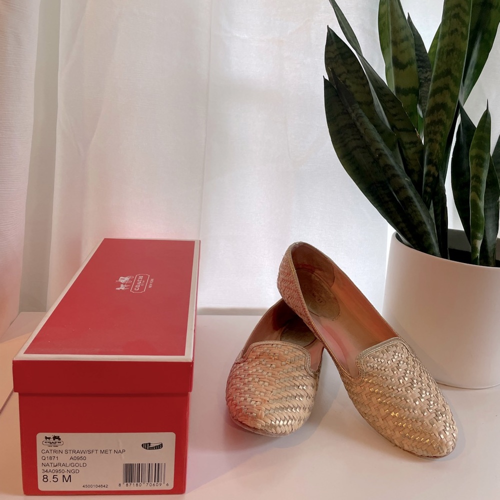 Coach Cardin Straw/ Soft Metallic Napa Leather size 8.5 Natural/Gold color
